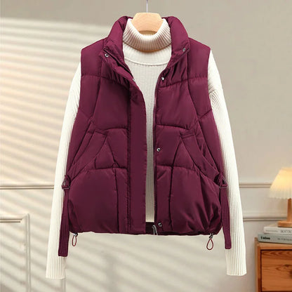 Warm Women's Puffer Vest - Quilted High Collar, Polyester