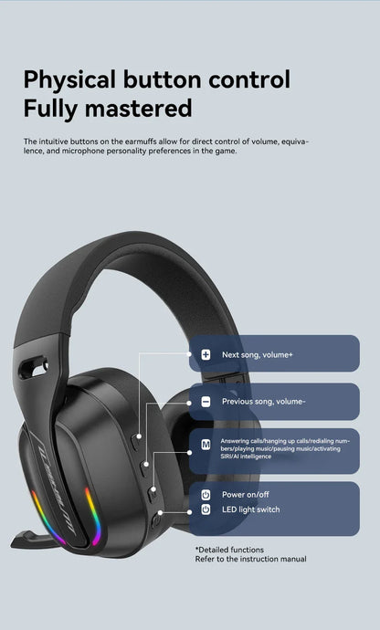 Gaming Headset Bluetooth 5.4 Wireless RGB Low Latency