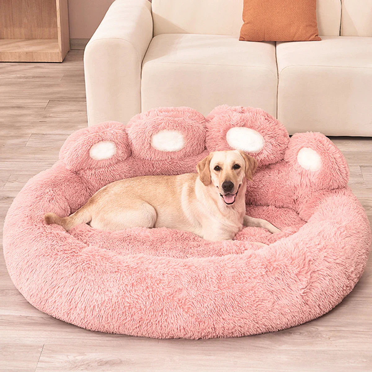 Hundebett Plüsch Rund Sofa Stil Bett Für Haustiere, Herbst 2025 Gemütliches Waschbares Plüschbett Mit Pfoten-Rückenlehnenunterstützung