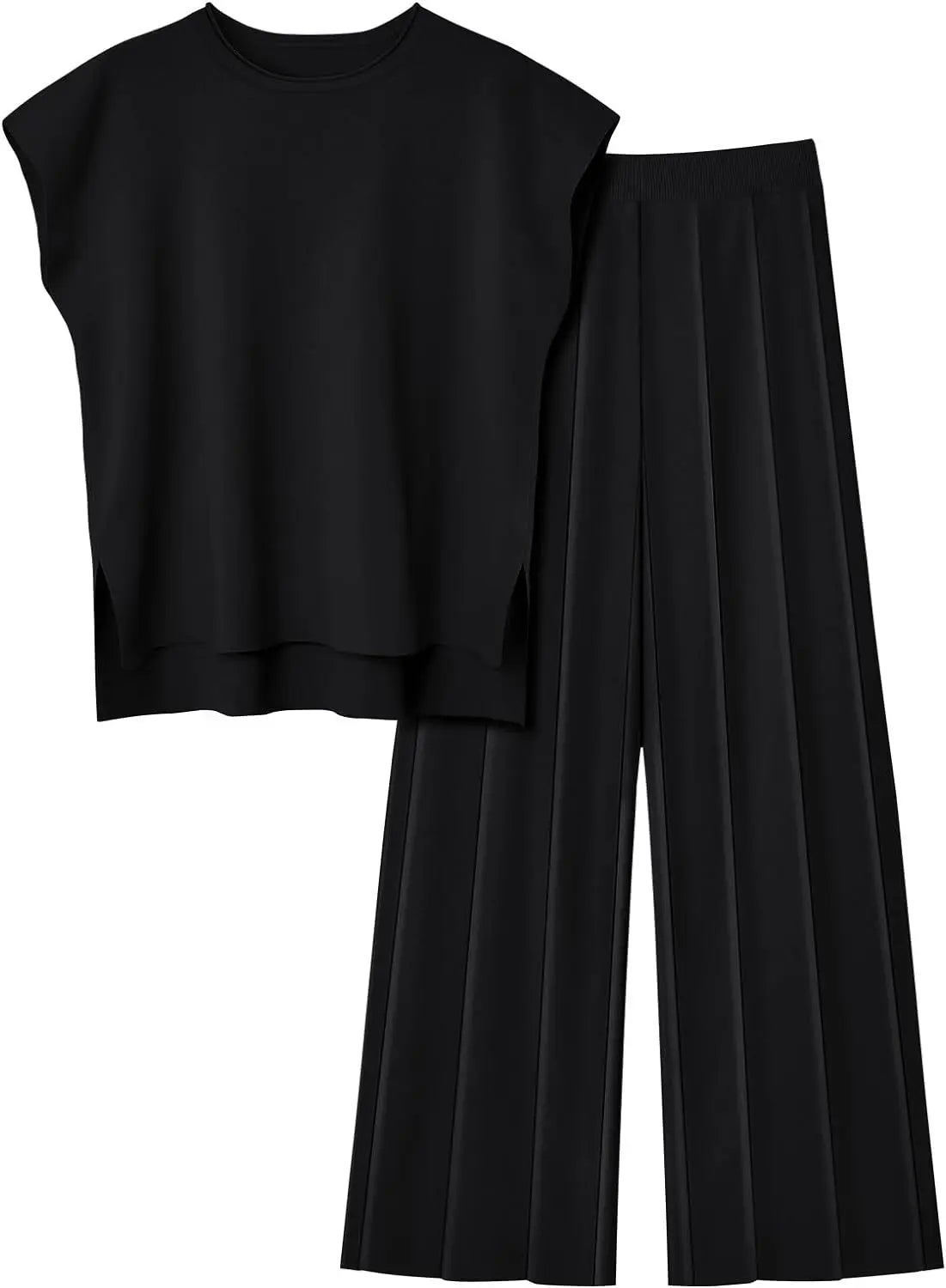 Soft Relaxed Women’s Two-Piece Pant Set – Sleeveless Round-Neck Knit Top, High-Waist Wide-Leg Trousers For Summer