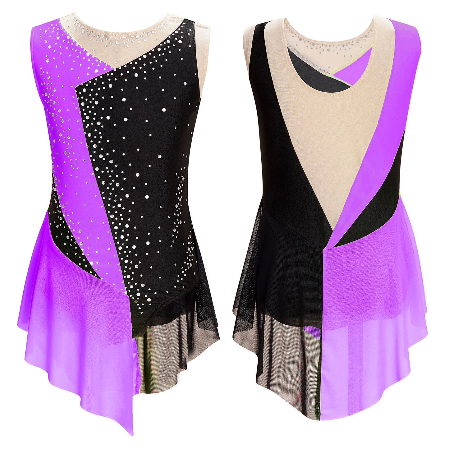 Stretchy girls' leotard - rhinestone mesh yoke, sleeveless, polyester, nylon, elastane, for lyrical dance performance