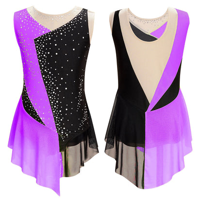 Stretchy girls' leotard - rhinestone mesh yoke, sleeveless, polyester, nylon, elastane, for lyrical dance performance