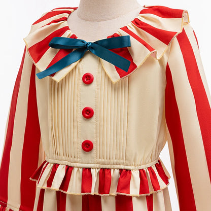 Gestreept jumpsuit voor jongens met circusclownmotief, Halloween-carnavalskostuum, verjaardagsgoochelaarsoutfit voor op het podium 2026