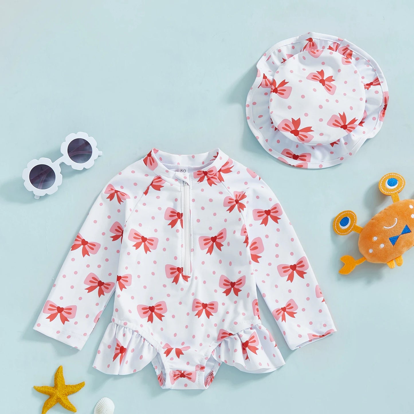 Soft Girls' Rash Guard Swimsuit Set - Zip-Up, Floral Print, Polyester, With Hat, For Summer Beach And Pool