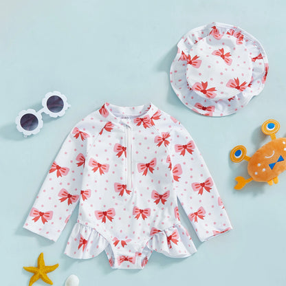 Soft Girls' Rash Guard Swimsuit Set - Zip-Up, Floral Print, Polyester, With Hat, For Summer Beach And Pool
