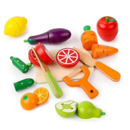 Wooden Kitchen Pretend Play Set - Montessori Cutting Fruits & Vegetables Toy for Kids