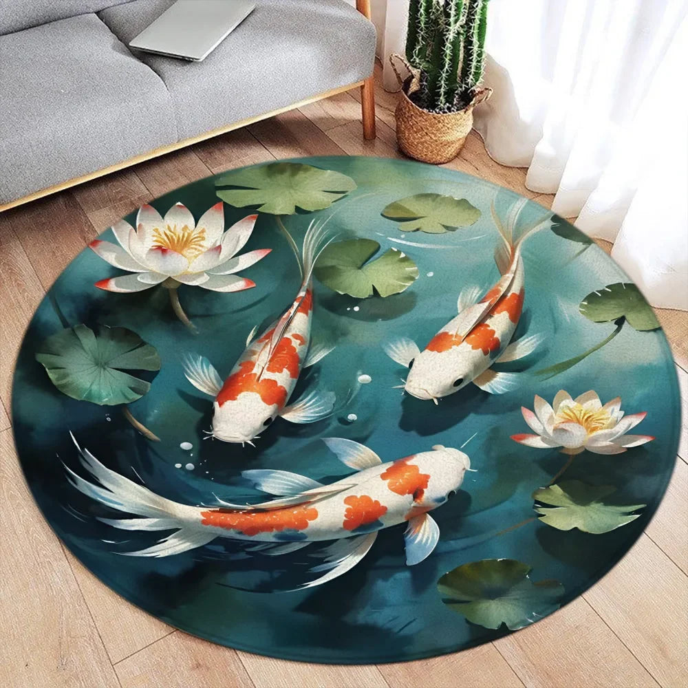 Koi Fish Round Rug Japanese Water Ink Floor Decor Serene