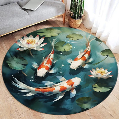 Koi Fish Round Rug Japanese Water Ink Floor Decor Serene