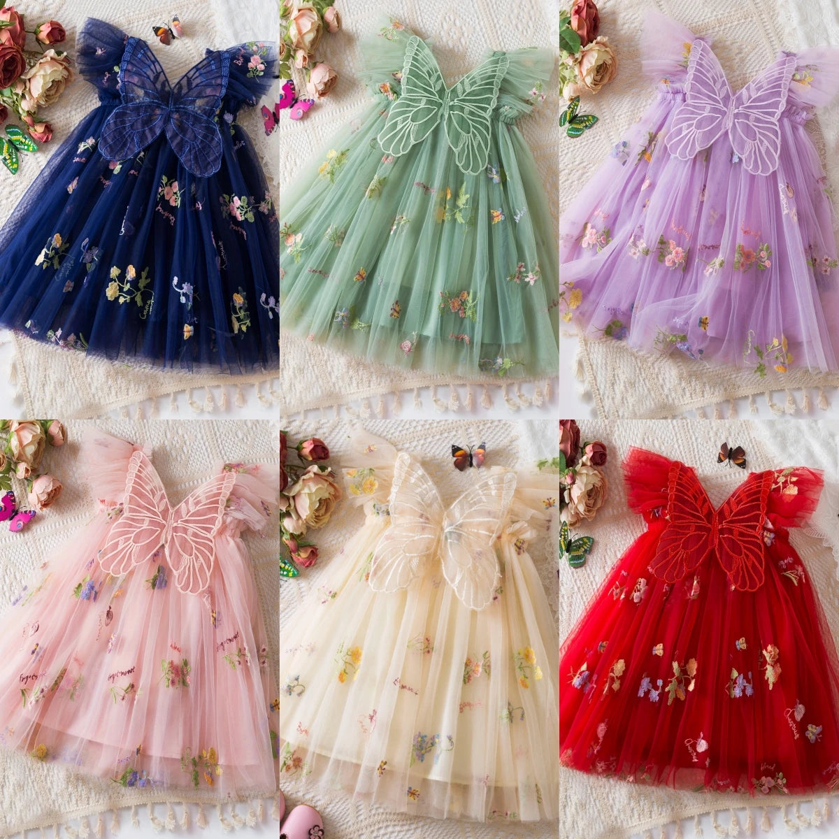 Lightweight flowy girls' dress - knee-length tulle, floral print, polyester, for weddings