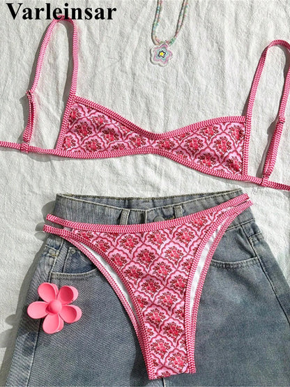 Hurtigtørrende kvindelig bikinisæt – høj benudskæring blomsterprint, polyester, elastan, til svømning