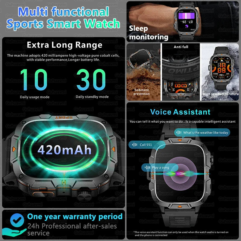 Smartwatch Rugged Military Grade – 1.96 Inch AMOLED Display, 5ATM Waterproof, Bluetooth Call Fitness Tracker, Fall 2025
