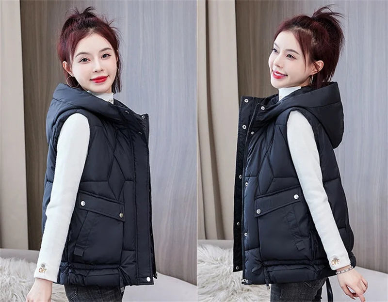 Warm Cozy Women Puffer Vest - Hooded Midlength, Winter