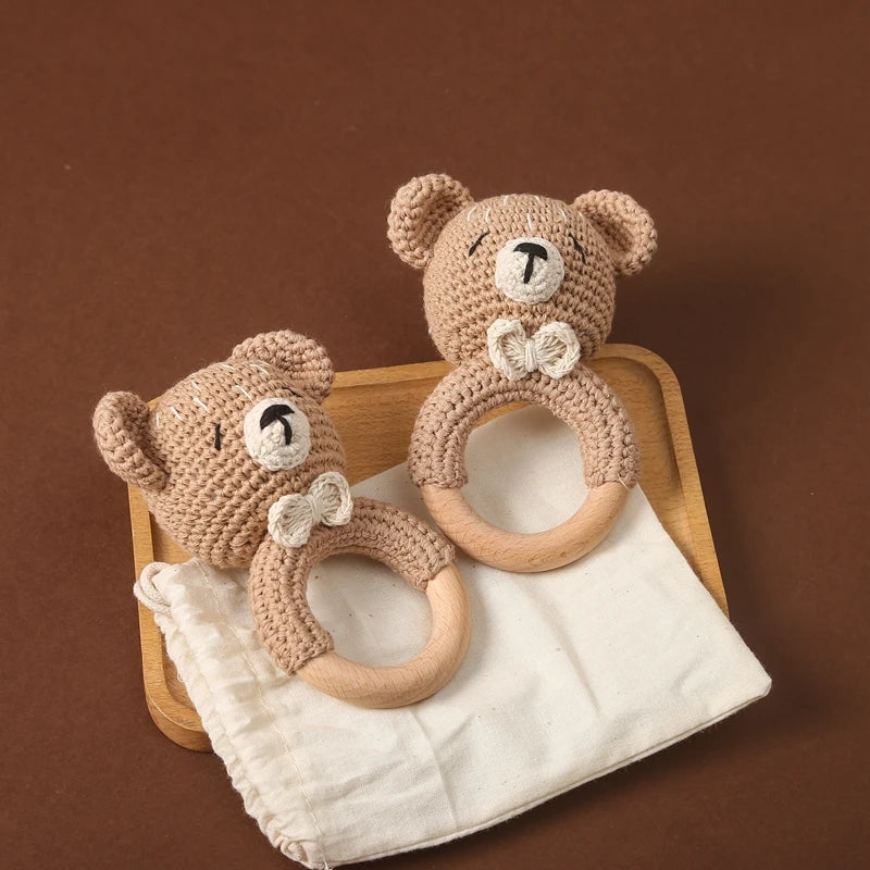 Crochet Bear Teether Rattle Ring Newborn Sensory Toys