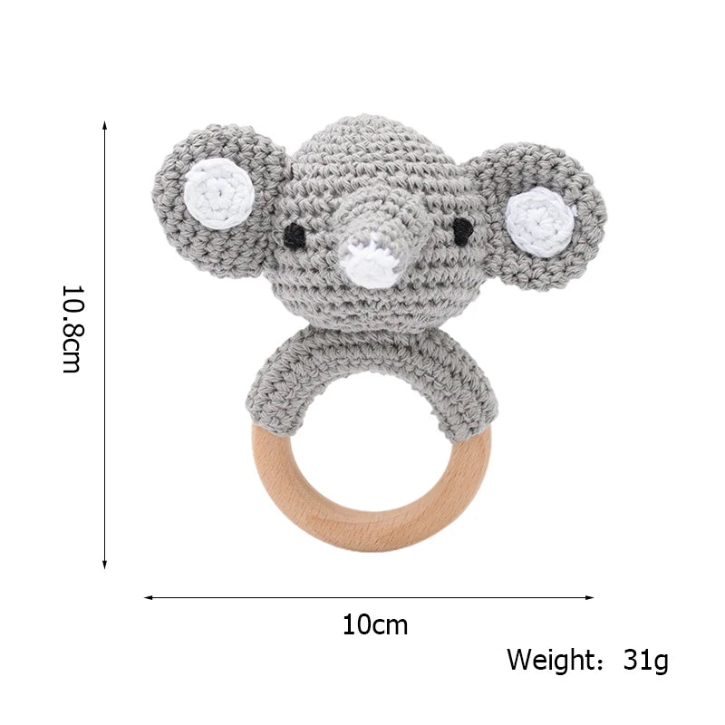 Wooden Crochet Animal Teether Rattle Newborn Sensory Toys