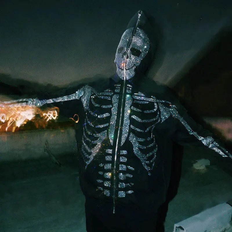 Overdimensjonert herre hettejakke med glidelås - Rhinestone skjelett, bomull