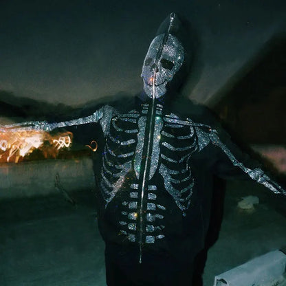 Overdimensjonert herre hettejakke med glidelås - Rhinestone skjelett, bomull