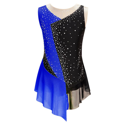 Stretchy Flattering Girls' Dance Leotard - Sleeveless Rhinestone Mesh Top, Polyester, Nylon, Elastane, For Competition