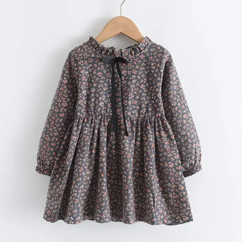 Soft Girls Dress – Long Sleeve Knee-Length, Floral Print, Cotton, Casual Autumn Wear