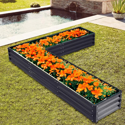 L-Shaped Metal Raised Garden Bed, Galvanized Steel Raised Planter Box for Outdoor Flower and Vegetable Gardening, Charcoal Black