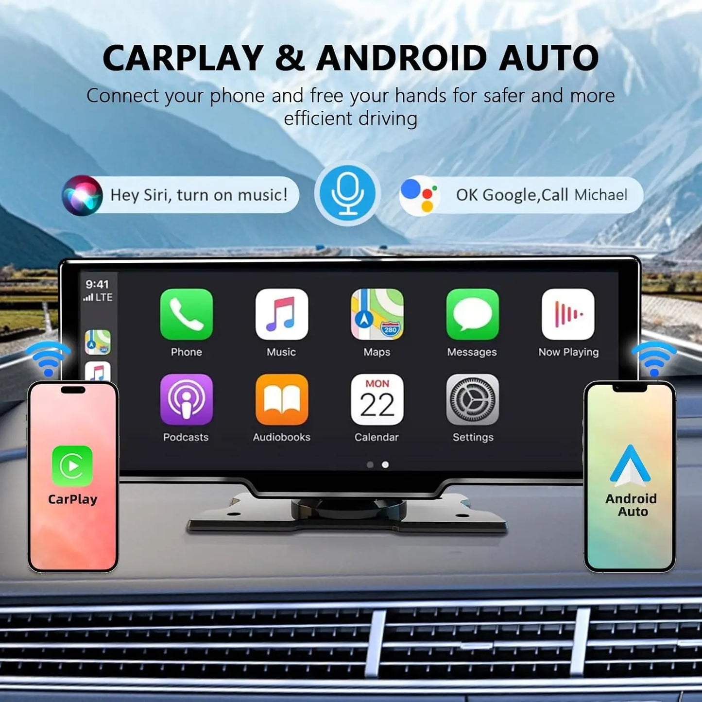 CarPlay-skjerm 10,26 tommer trådløs CarPlay Android Auto dashbordskjerm universell bilradio BT AUX FM