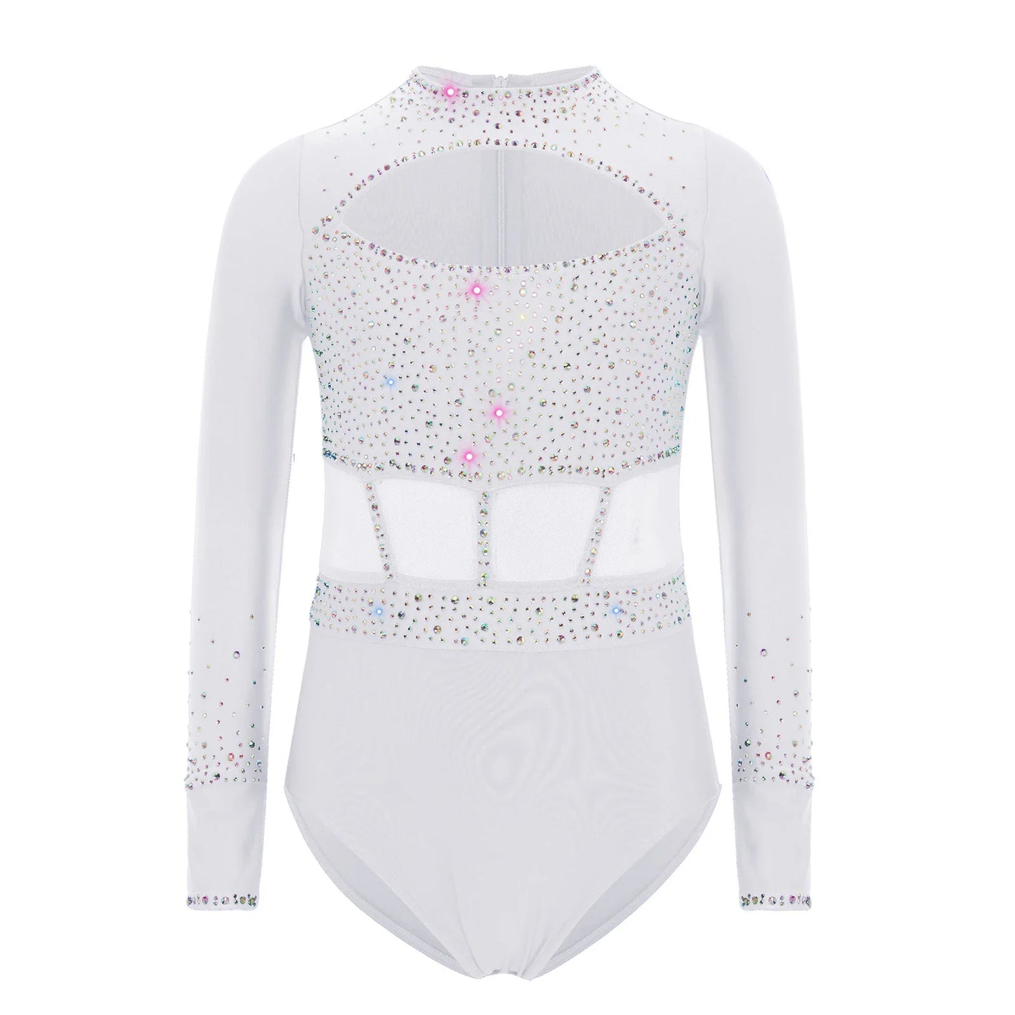 Strækbar pige dragt - flatterende, rhinsten-detaljeret, langærmet, mesh-panel, polyester elastan, til gymnastik
