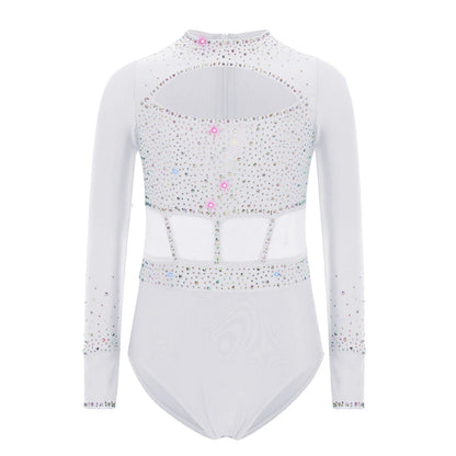 Strækbar pige dragt - flatterende, rhinsten-detaljeret, langærmet, mesh-panel, polyester elastan, til gymnastik