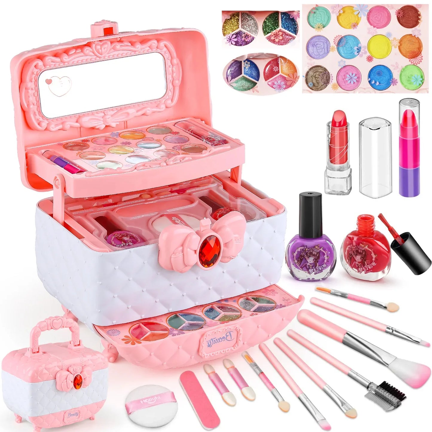 Trousse de maquillage pour enfants Rose et blanc Ensemble de jouets de maquillage Cadeau viral TikTok automne 2025 Lavable