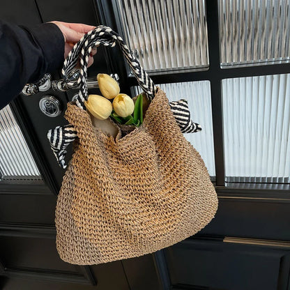 Strå strandtaske - stor kapacitet vævet taske med knude skulderremme, sommer 2026
