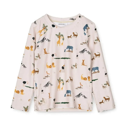 Quick-dry Kids’ Swimwear Set – Rash Guard & Hat, Nylon, Cartoon Seagull Star Print, Beach Holidays