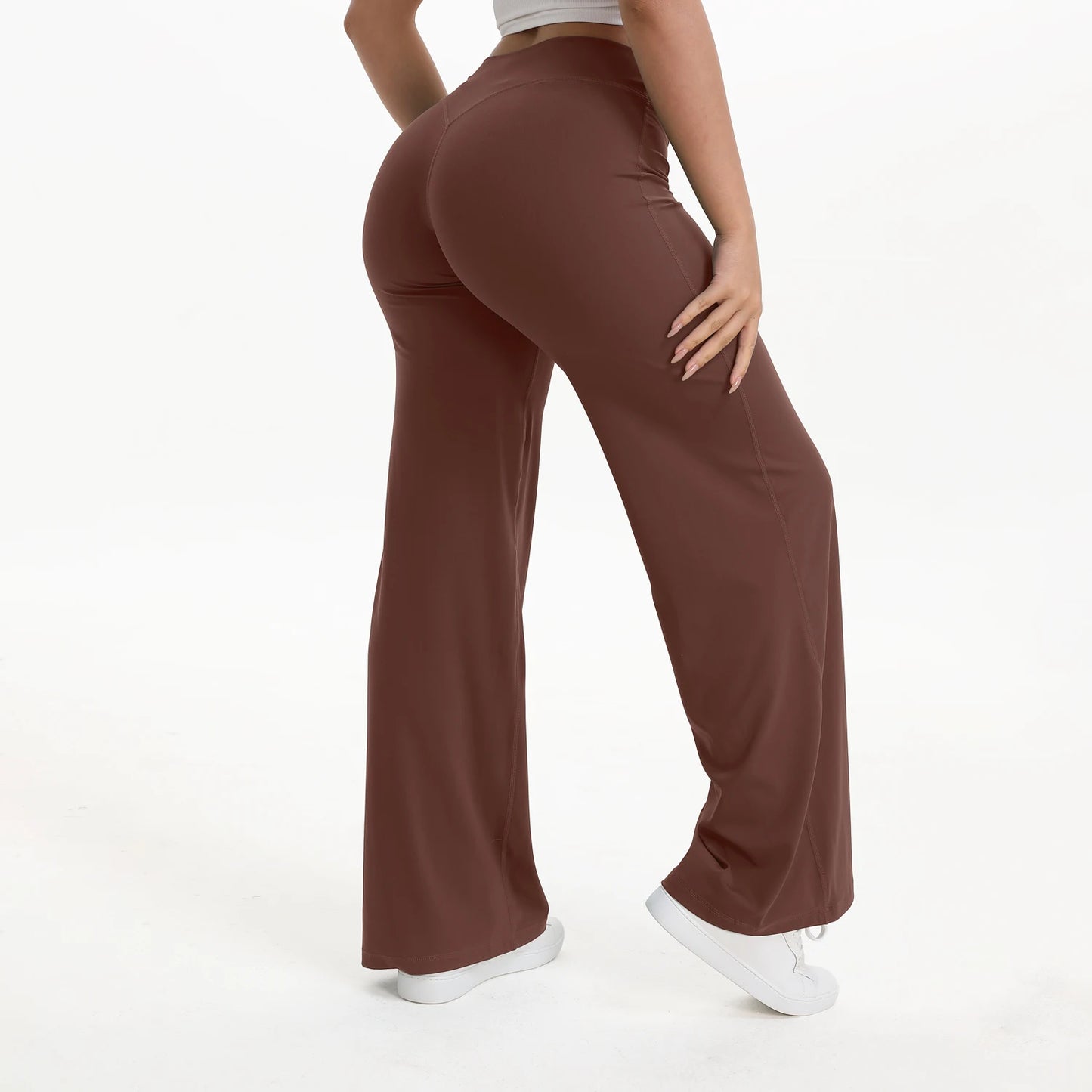 Zachte en flatterende dames yogabroek - midtaille rechte pijp, nylon/elastaan mix, voor sportschool en pilates