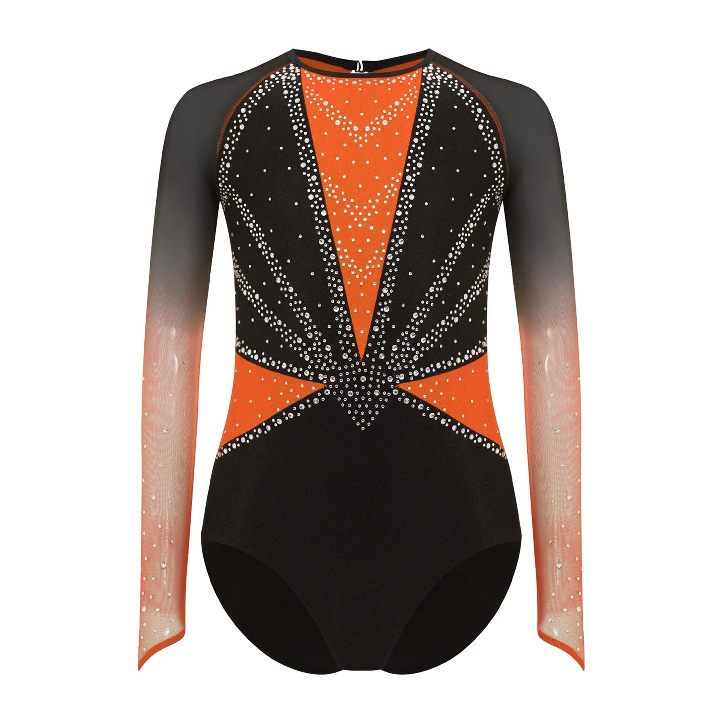 Strækbar pige dragt - flatterende, rhinsten-detaljeret, langærmet, mesh-panel, polyester elastan, til gymnastik