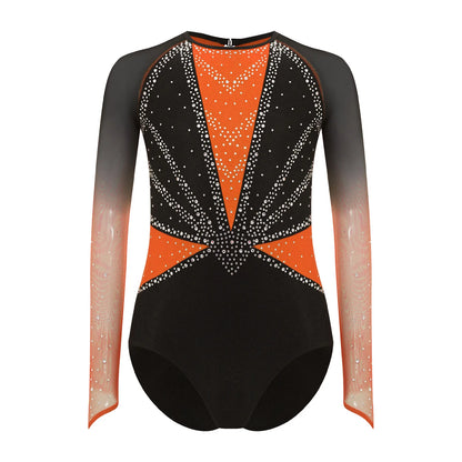 Strækbar pige dragt - flatterende, rhinsten-detaljeret, langærmet, mesh-panel, polyester elastan, til gymnastik