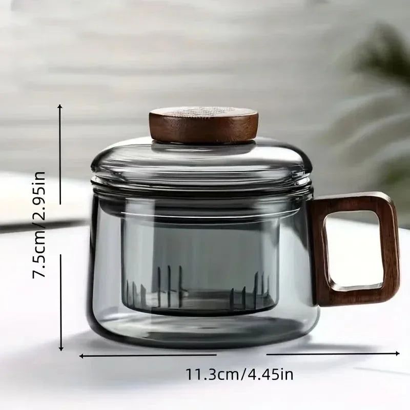 200ml Tea Infuser Cup Heat Resistant Glass Mug Wood Handle