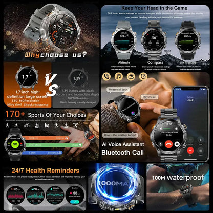 Smartwatch Rugged Outdoor GPS – 1.7 Inch AMOLED, Fall 2025 Trend, 1000mAh Battery, IP69K Waterproof, Bluetooth Calling
