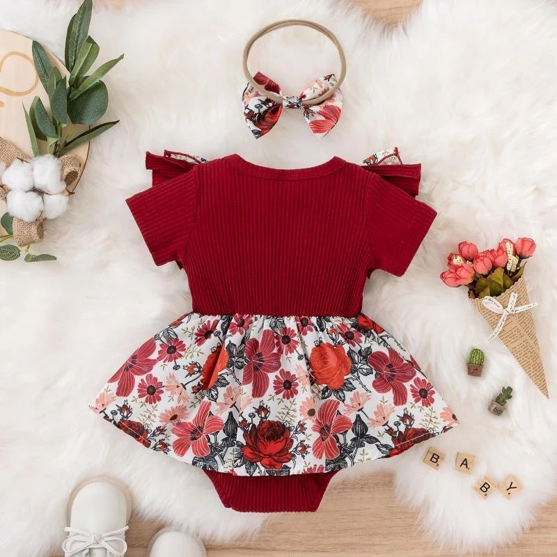 Vestito morbido per bambina - stampa floreale, dettagli con fiocco, cotone-elastan, abbigliamento estivo