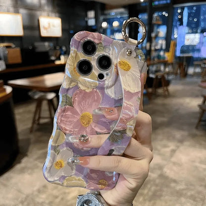 Oil Painting Flower Phone Case for iPhone 15 14 13 12 11 Pro Max with Wrist Band and Kickstand