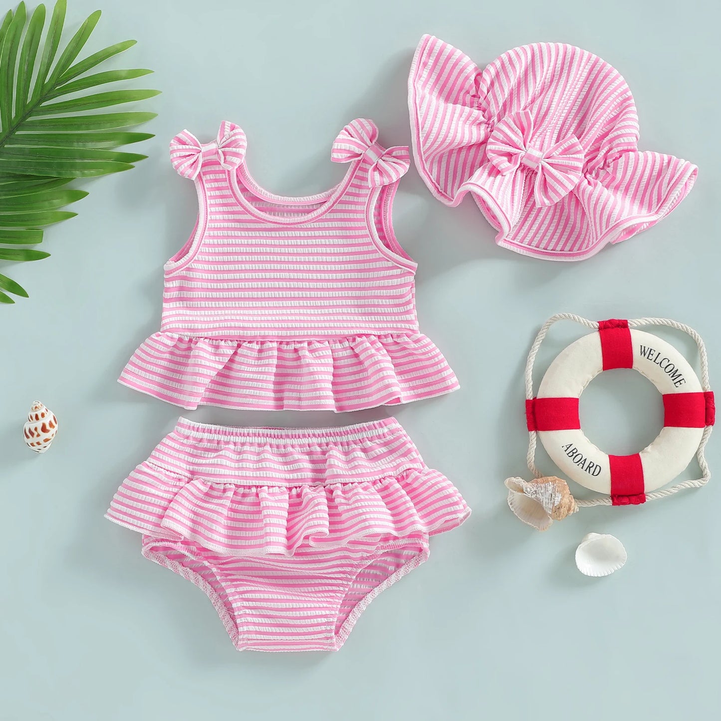 Soft Toddler Girls' Bikini Set - Striped Tank Top With Ruffle, Matching Bottom, Hat, Polyester-Elastane, Summer Swimwear