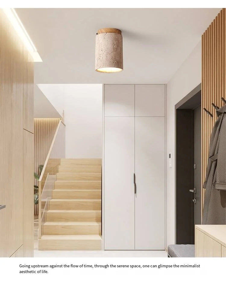 Japandi Travertine Ceiling Light Wood Cap Round Mid Century Lamp