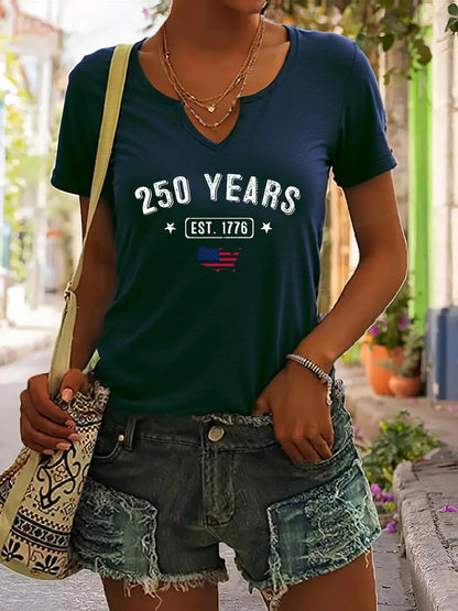 Breathable women's t-shirt – V-neck, short sleeve, patriotic EST.1776 USA print, casual top