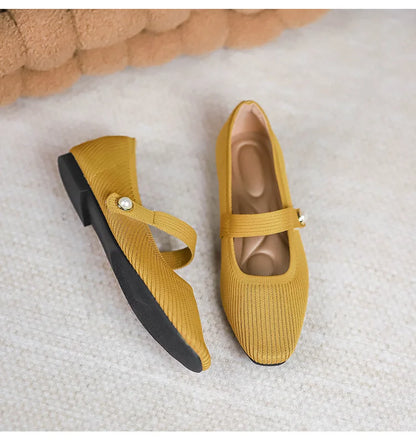 Stretchy Women Mary Jane Flats - Ribbed Knit For Spring