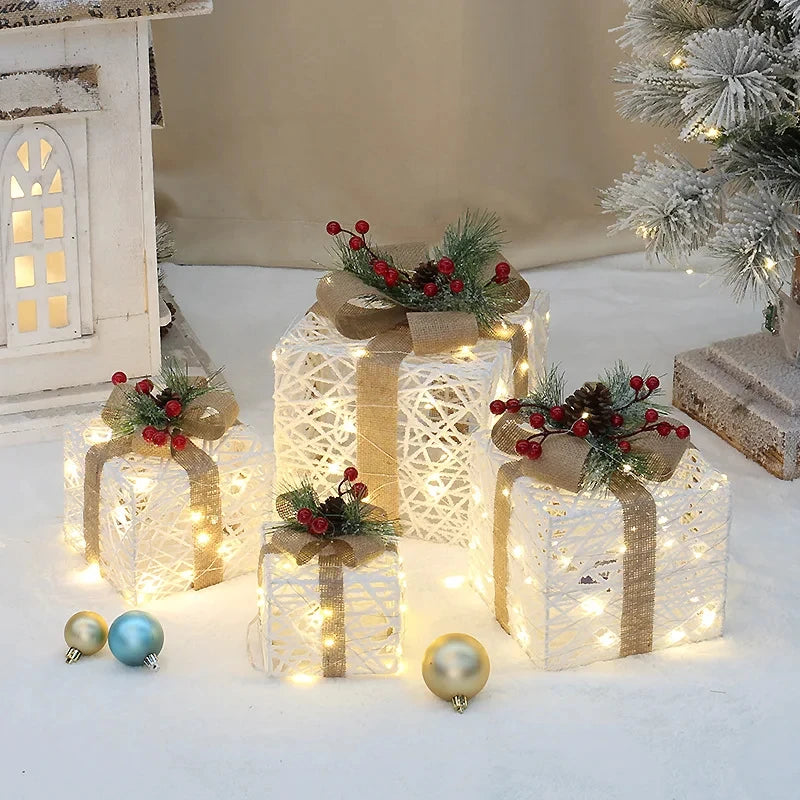 Decorative LED Gift Box Set with Bow - 3/4pcs Hollow Christmas Lights for Home, Outdoor, and Party Decor