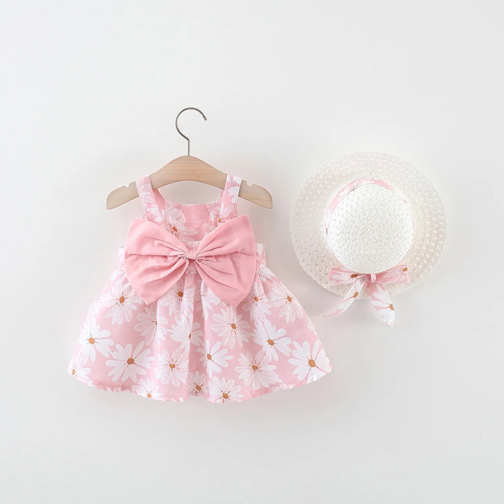 Soft baby girls dress - sleeveless, floral bow-embellished, cotton-polyester blend, for summer outings