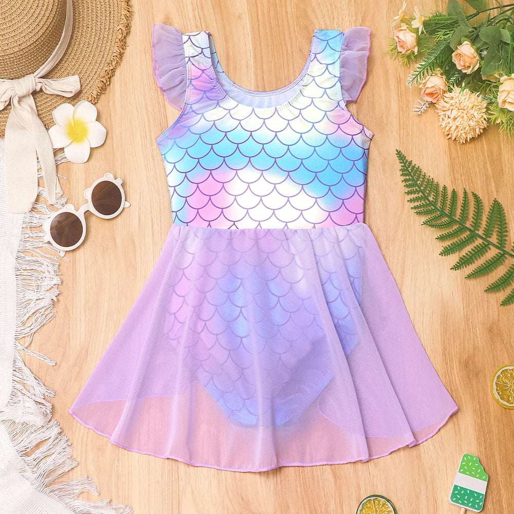 Quick-Dry Durable Girls' One-Piece Swimsuit – Mermaid-Scale Print, Ruffle Sleeves, Tulle, Polyester Elastane, Beach