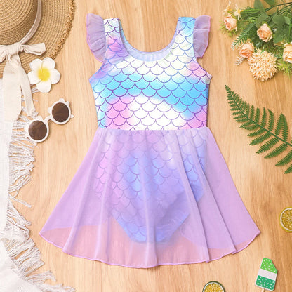 Quick-Dry Durable Girls' One-Piece Swimsuit – Mermaid-Scale Print, Ruffle Sleeves, Tulle, Polyester Elastane, Beach