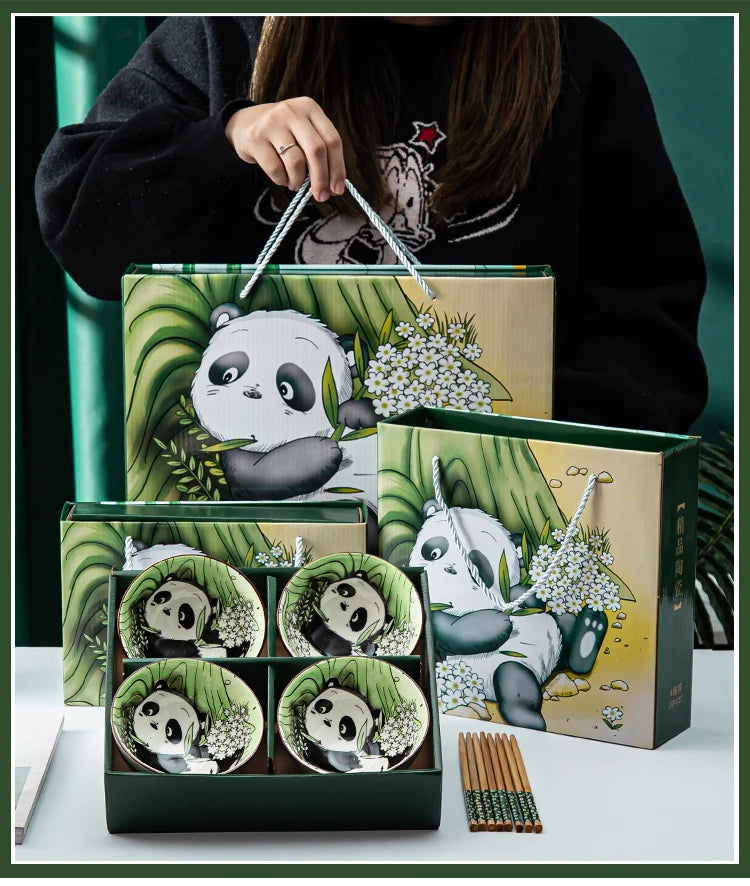 Japansk handmålad keramisk skålsats med ätpinnar