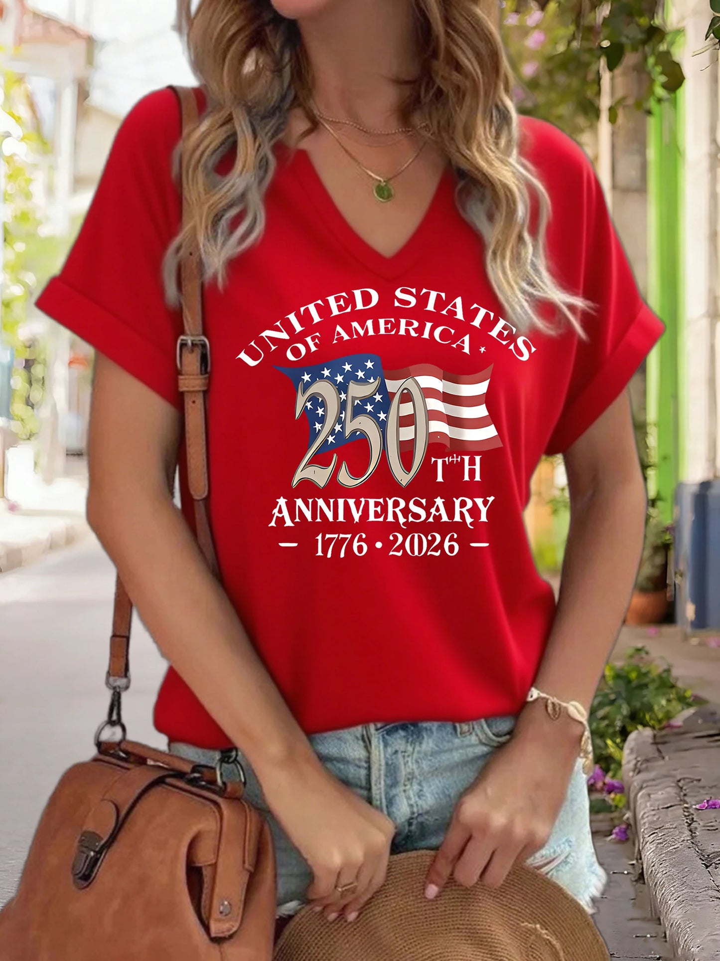 Soft women's graphic tee - V-neck, polyester-elastane blend, for USA 250th anniversary