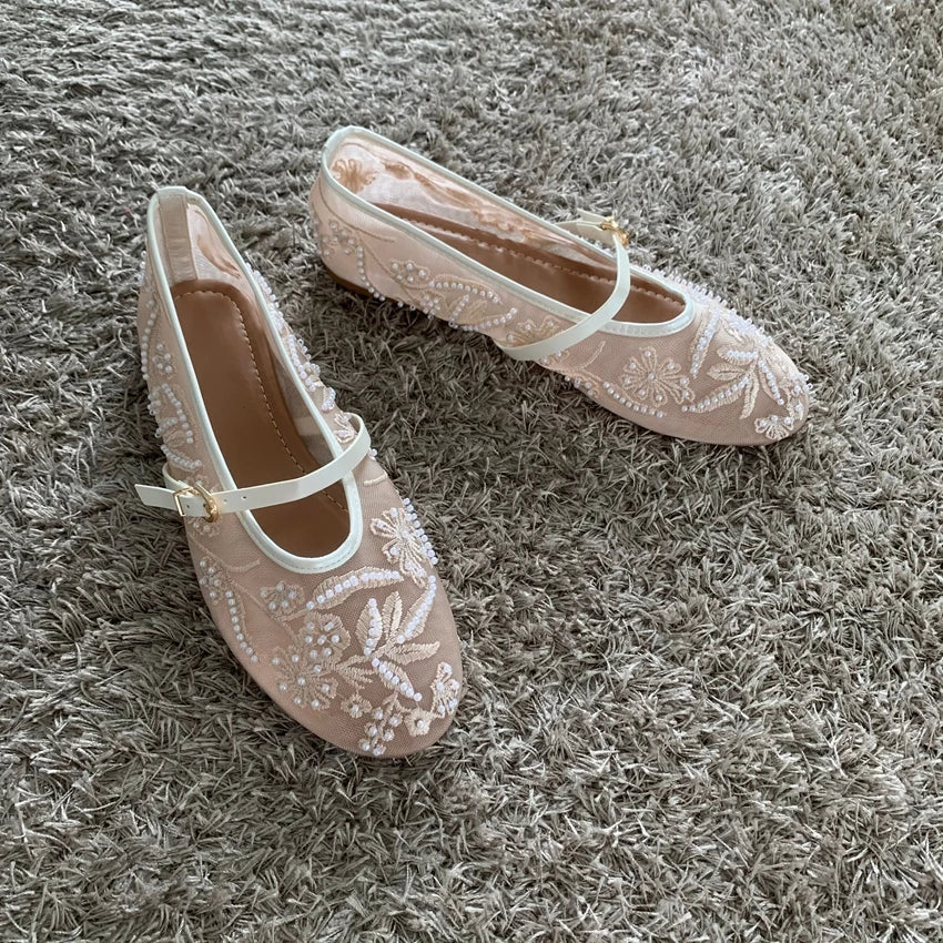 Breathable Women Ballet Flats - Mary Jane Mesh, Embroidered