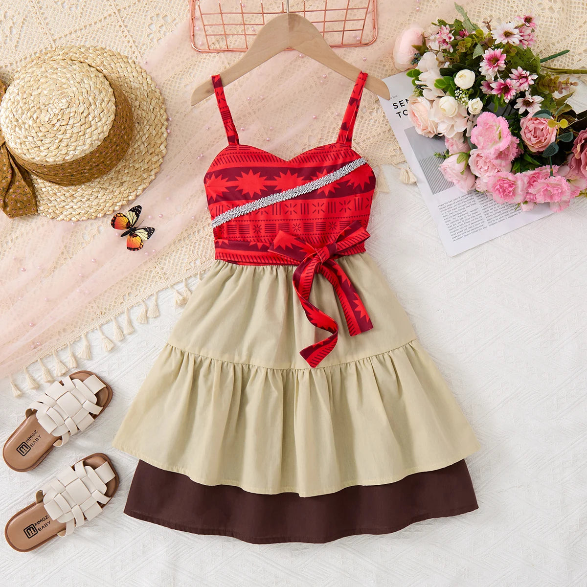 Breathable girls' dress - lace-up sling, sleeveless, flowy, polyester, for summer