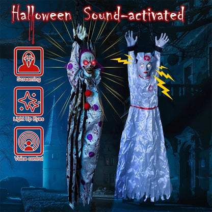 Animatronische hangende clownverpleegster met spraakbediening, elektrisch Halloween-griezelrekwisiet voor buiten en spookhuizen 2026
