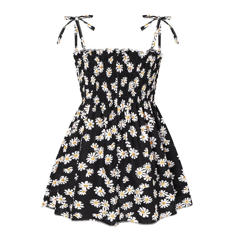 Soft girls' floral sundress - smocked bodice, polyester, for casual beach party